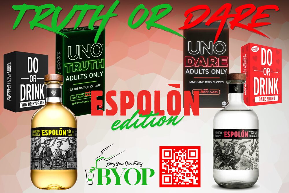 BYOP Truth or Dare Espolón double box — two Espolón bottles with UNO Truth and UNO Dare