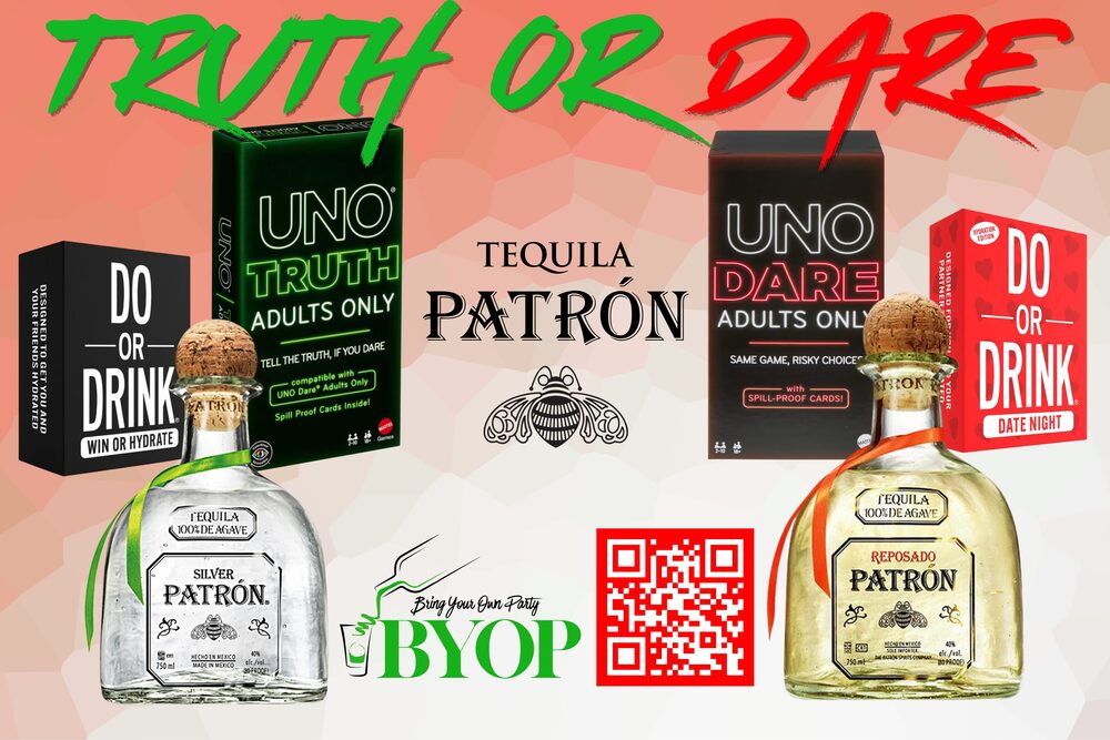 BYOP Truth or Dare Patrón double box — Silver and Reposado Patrón with UNO Truth and UNO Dare