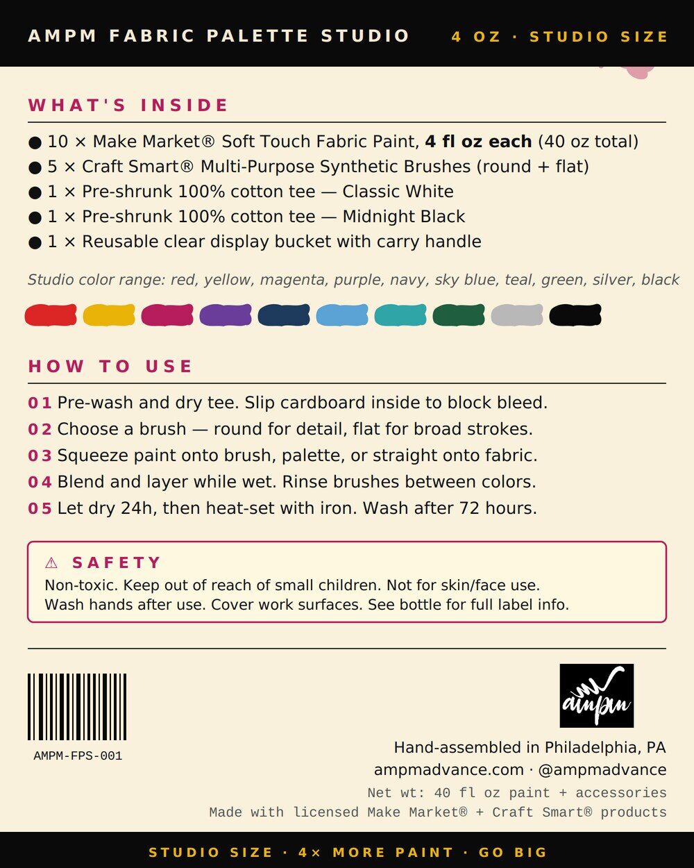 Fabric Palette Studio back label — full contents, how to use, safety and barcode