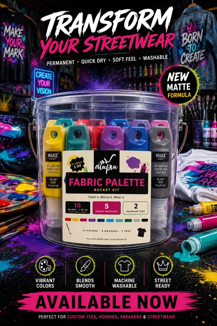 Transform your streetwear — AMPM Fabric Palette bucket kit, 10 colours, 5 brushes, 2 tees