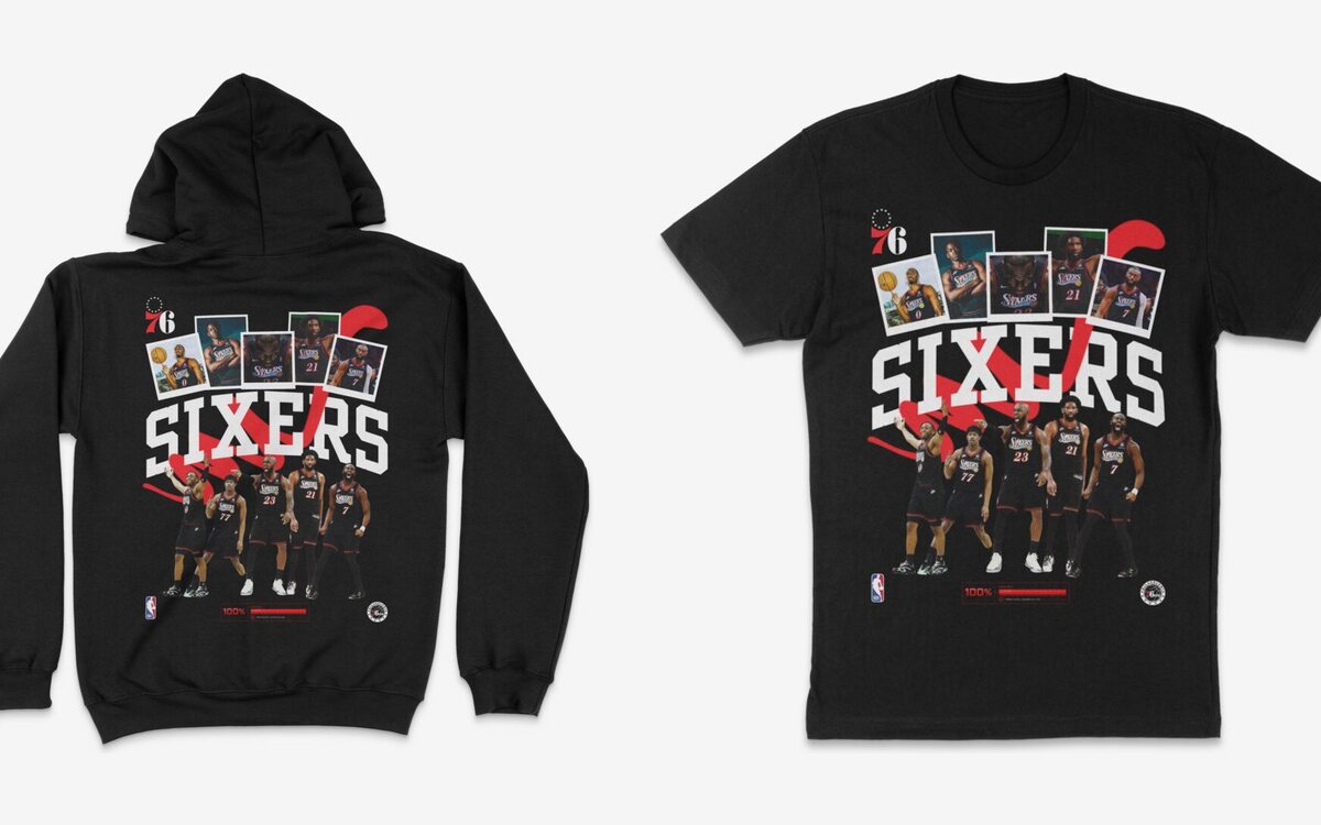 Philadelphia Sixers hoodie and tee in black, printed by AMPM